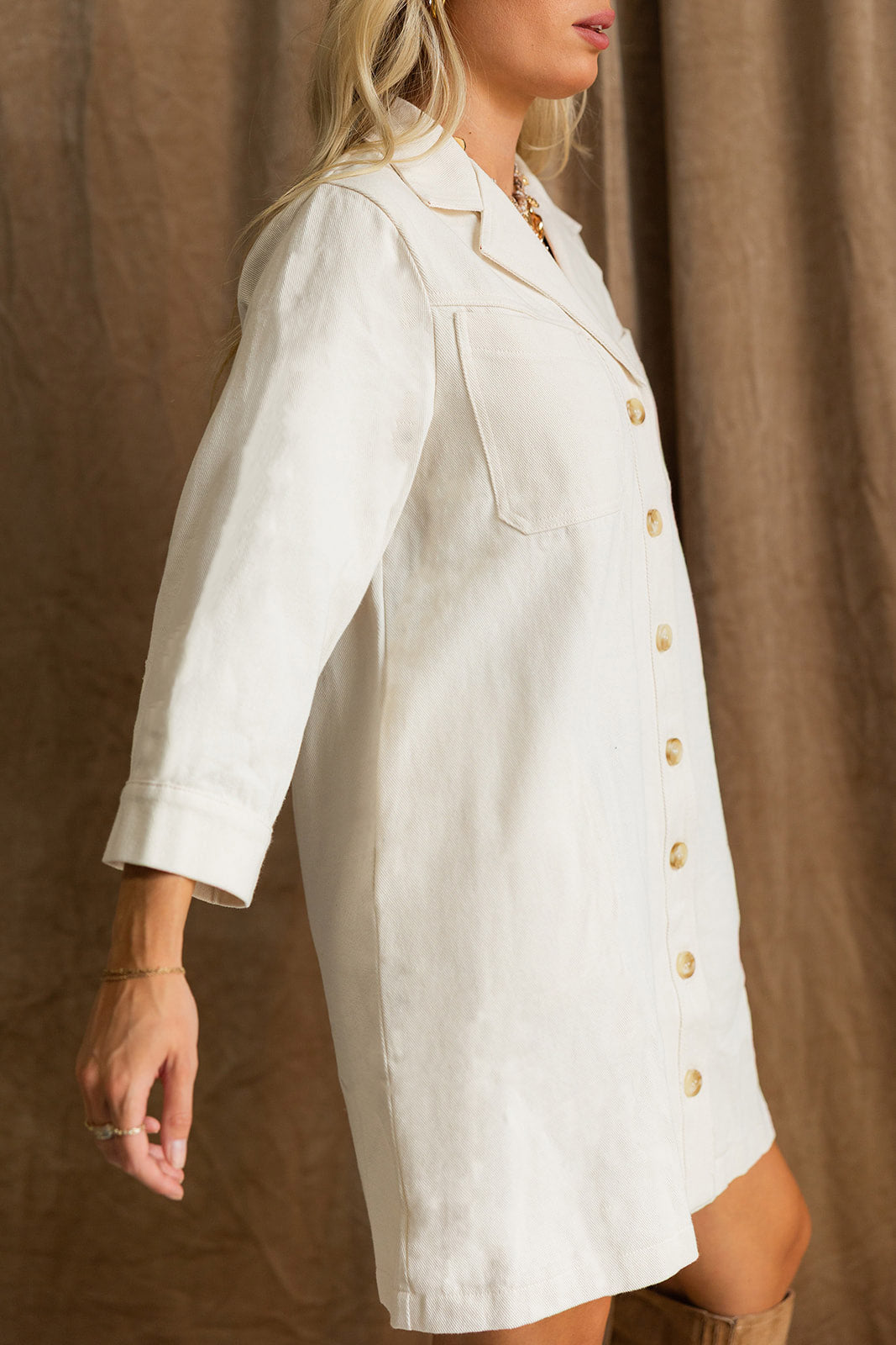Madelyn Ecru Button-Up Mini Dress- side view