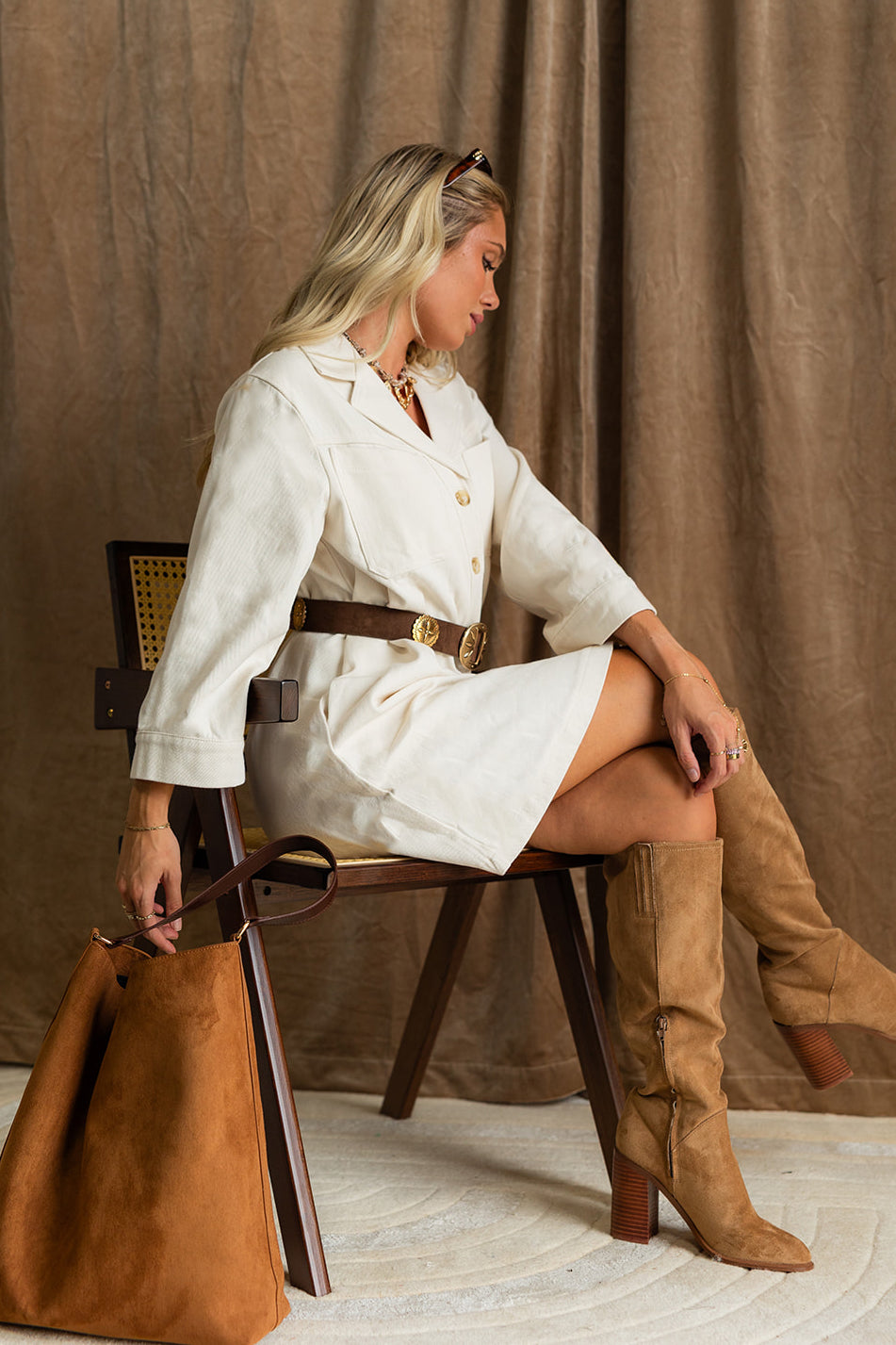 Madelyn Ecru Button-Up Mini Dress- full body side view