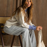 Riley Ecru & Dusty Blue Knit Sweater- full body side view