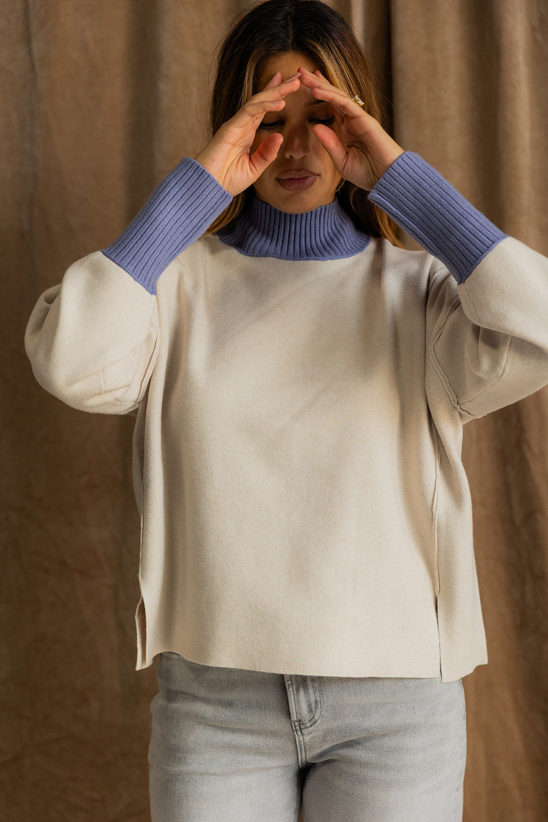 Riley Ecru & Dusty Blue Knit Sweater- front view
