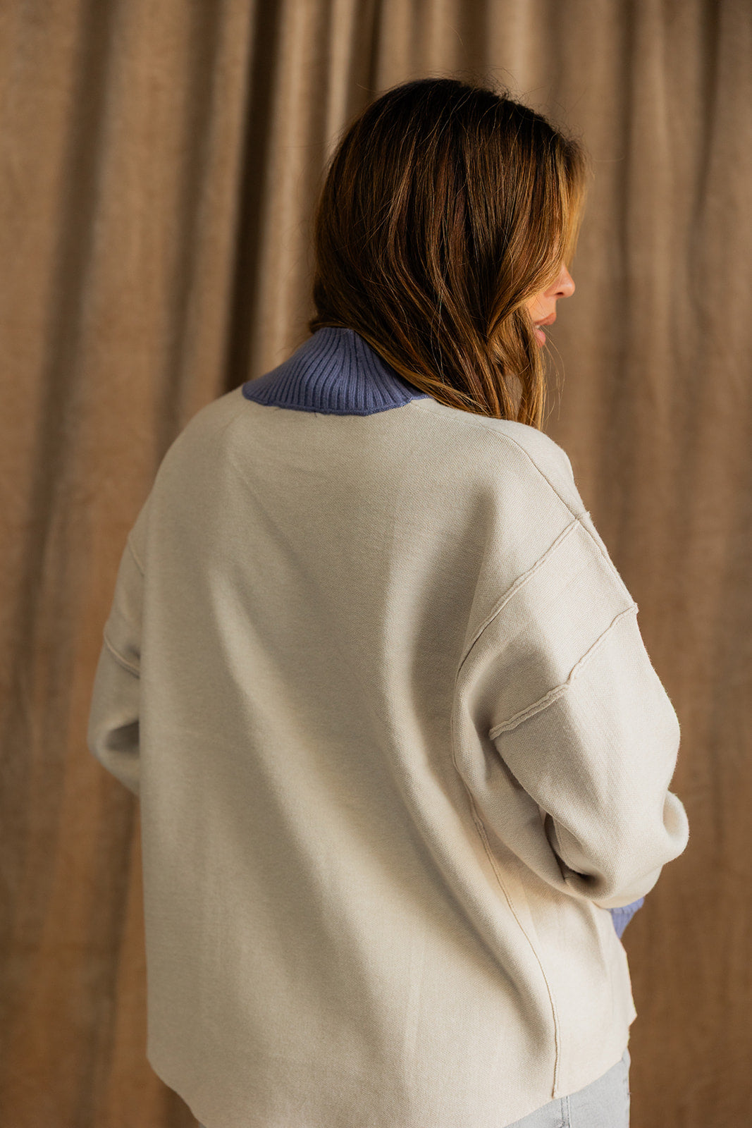 Riley Ecru & Dusty Blue Knit Sweater- close up top view