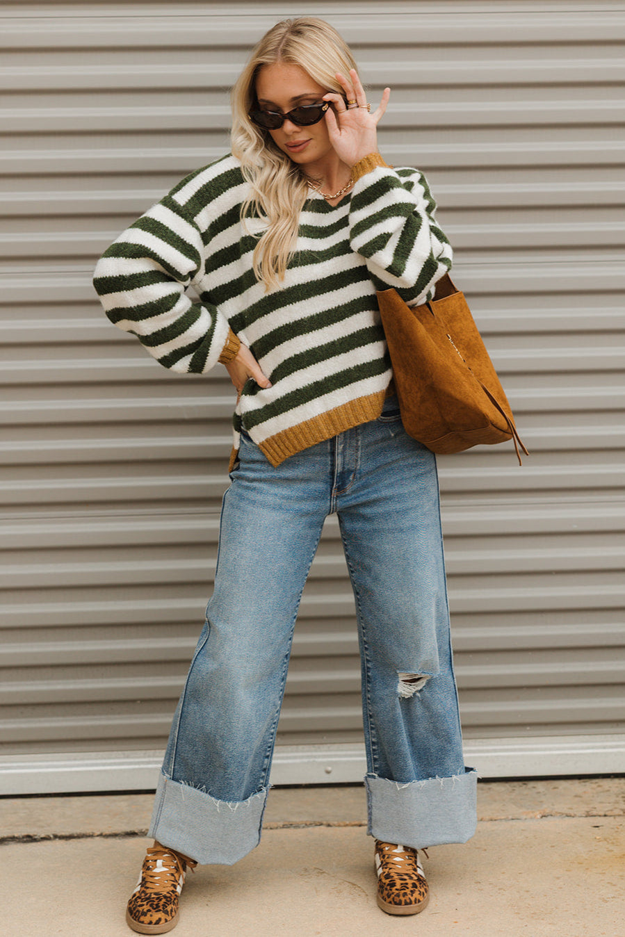 Eliana Olive Green & Ivory Stripe Knit Sweater- full body front view