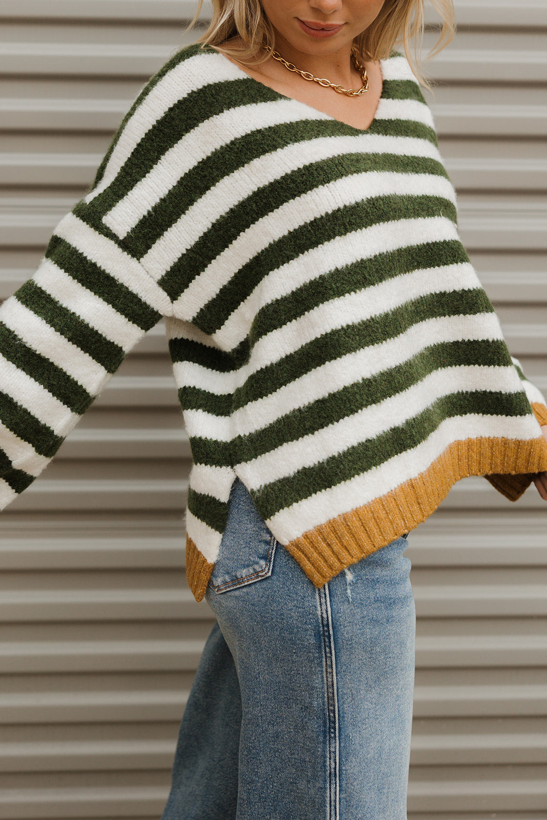Eliana Olive Green & Ivory Stripe Knit Sweater- close up side view