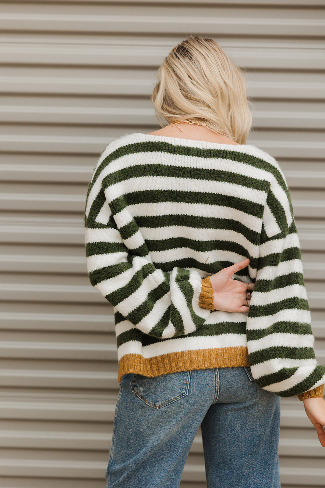 Eliana Olive Green & Ivory Stripe Knit Sweater- back view