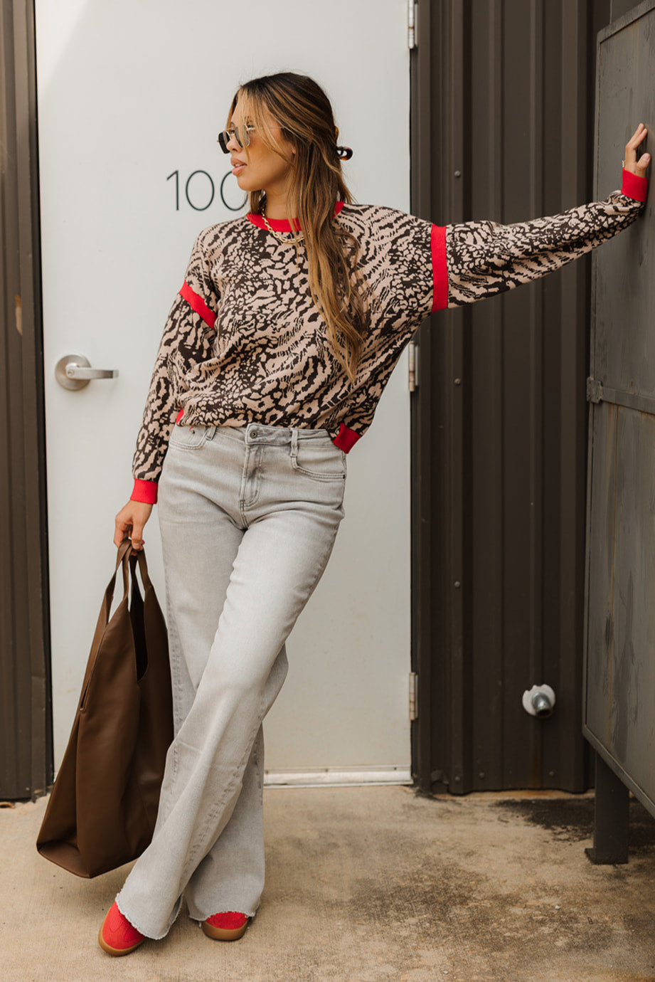 Zoe Brown & Red Leopard Knit Sweater- full body view