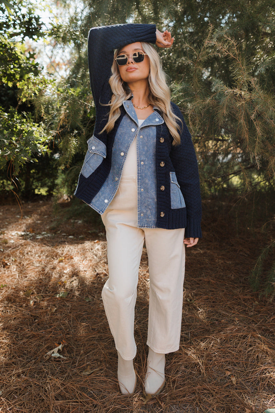 Cate Navy & Denim Sweater Jacket - full body front view