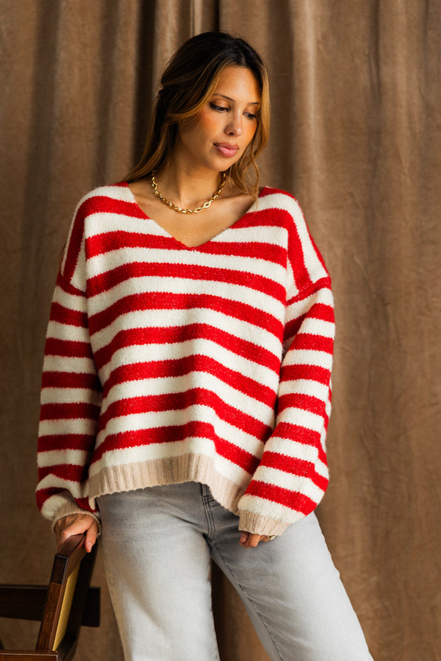 Eliana Red & Ivory Stripe Knit Sweater- front view