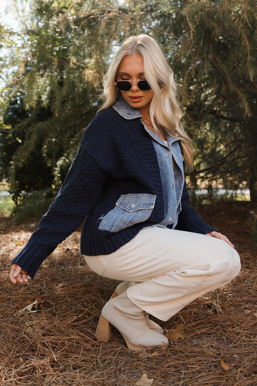 Cate Navy & Denim Sweater Jacket - full body side view