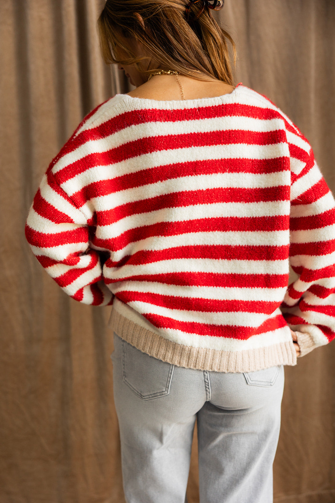 Eliana Red & Ivory Stripe Knit Sweater- close up back view