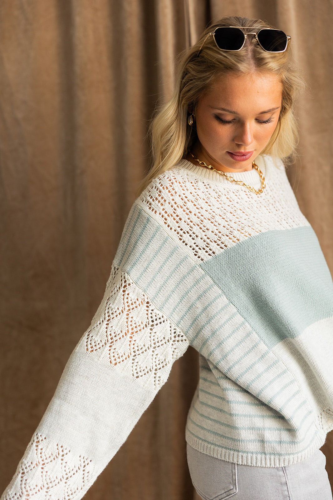 Alexandra Dark Sage & Heather Grey Sweater- close up side view