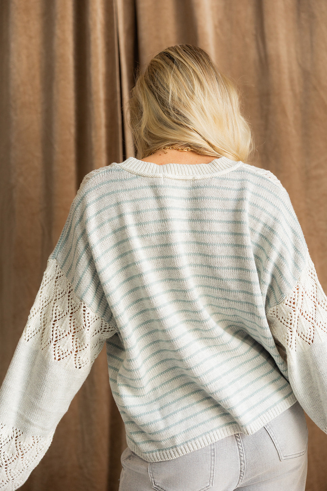 Alexandra Dark Sage & Heather Grey Sweater- close up back view
