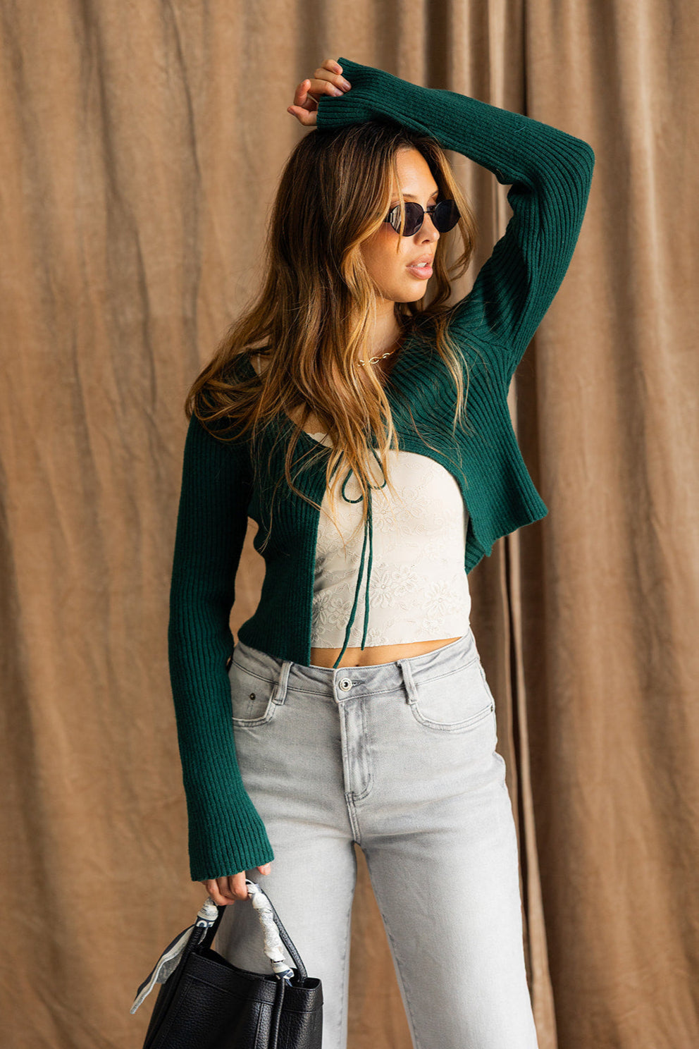 Candice Dark Green Front Tie Cardigan- front top view