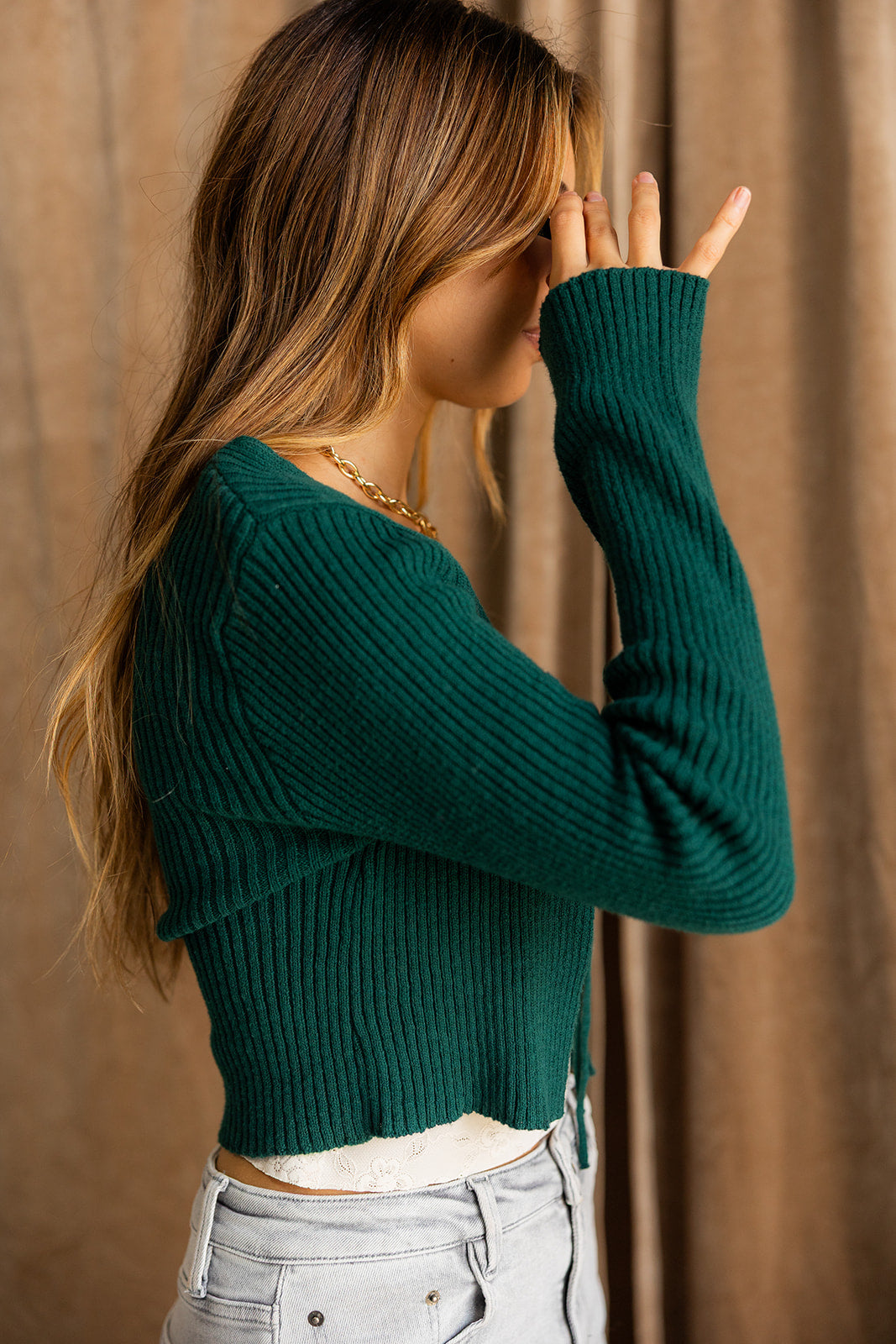 Candice Dark Green Front Tie Cardigan- close up side view