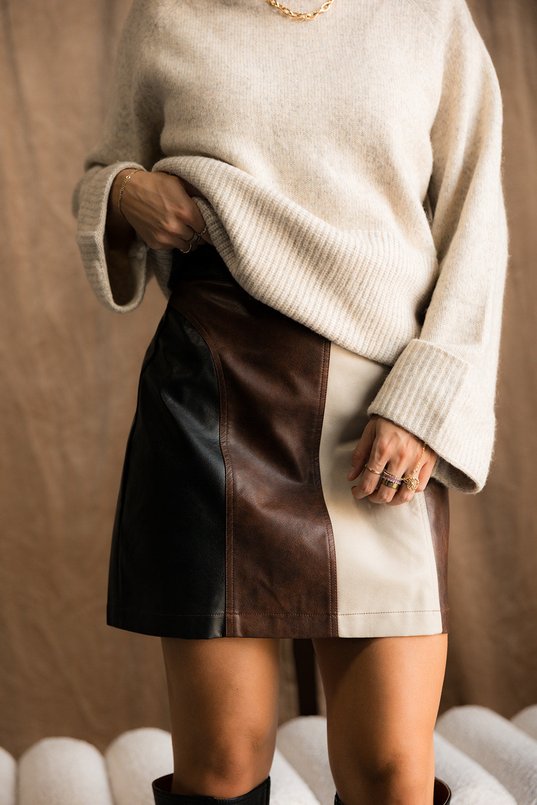 Alaina Black Multi Leather Mini Skirt- close up front view