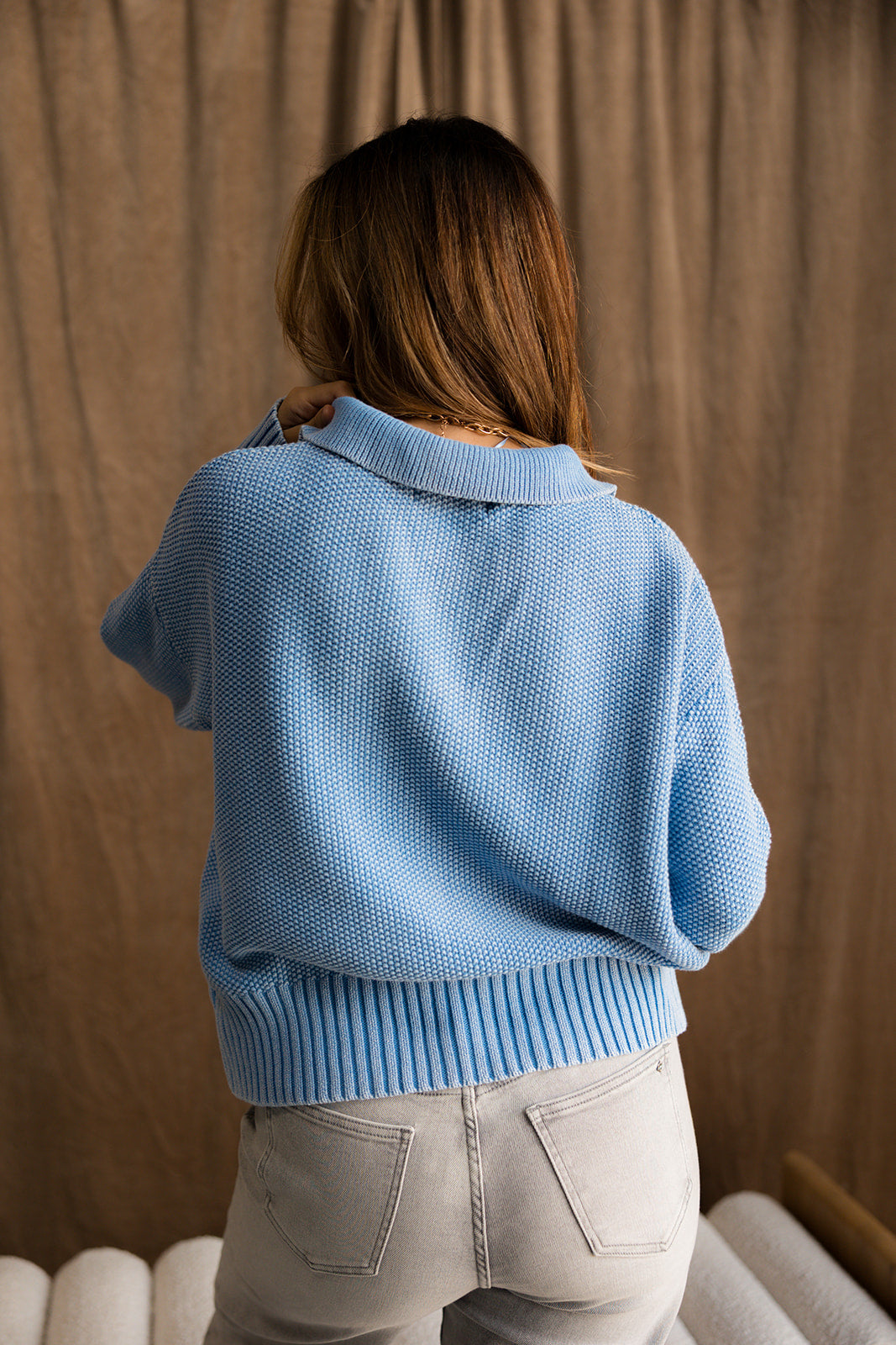 Mina Washed Blue Hoodie Sweater- full back view