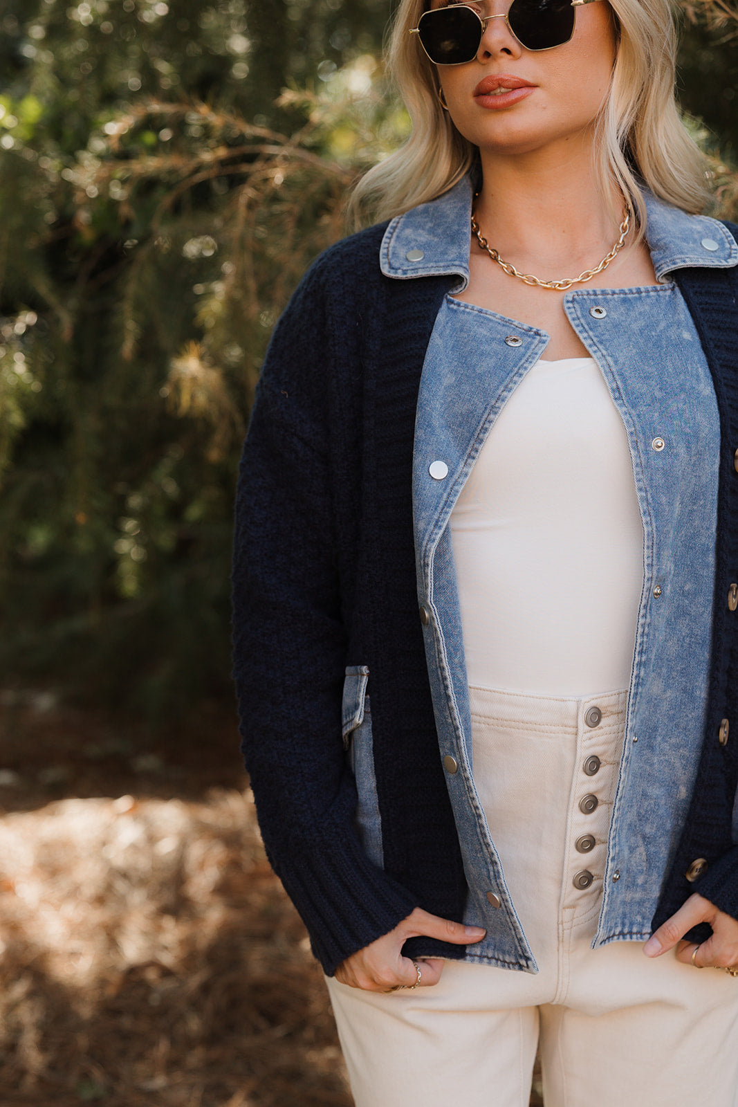 Cate Navy & Denim Sweater Jacket -  front view