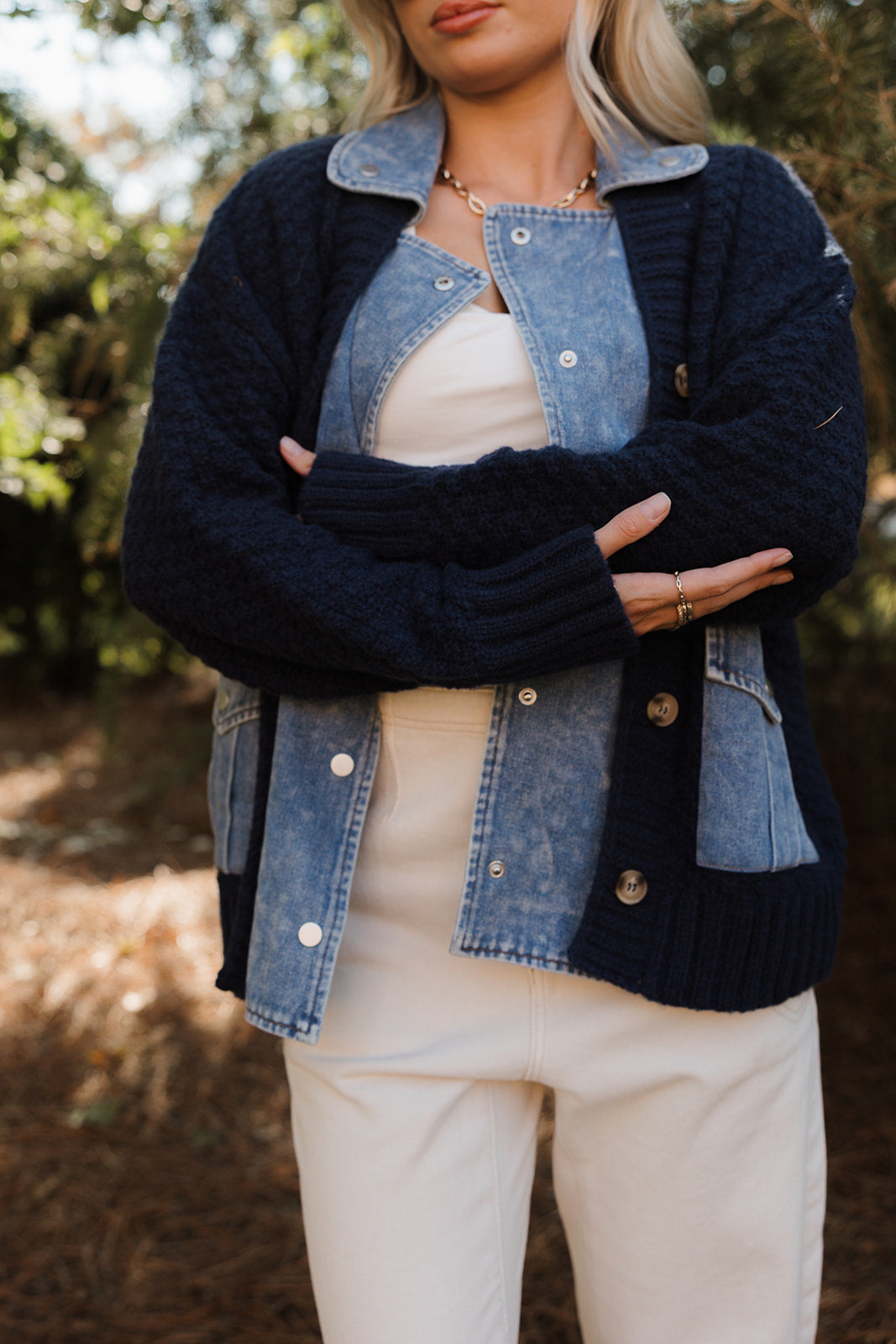 Cate Navy & Denim Sweater Jacket - close up front view