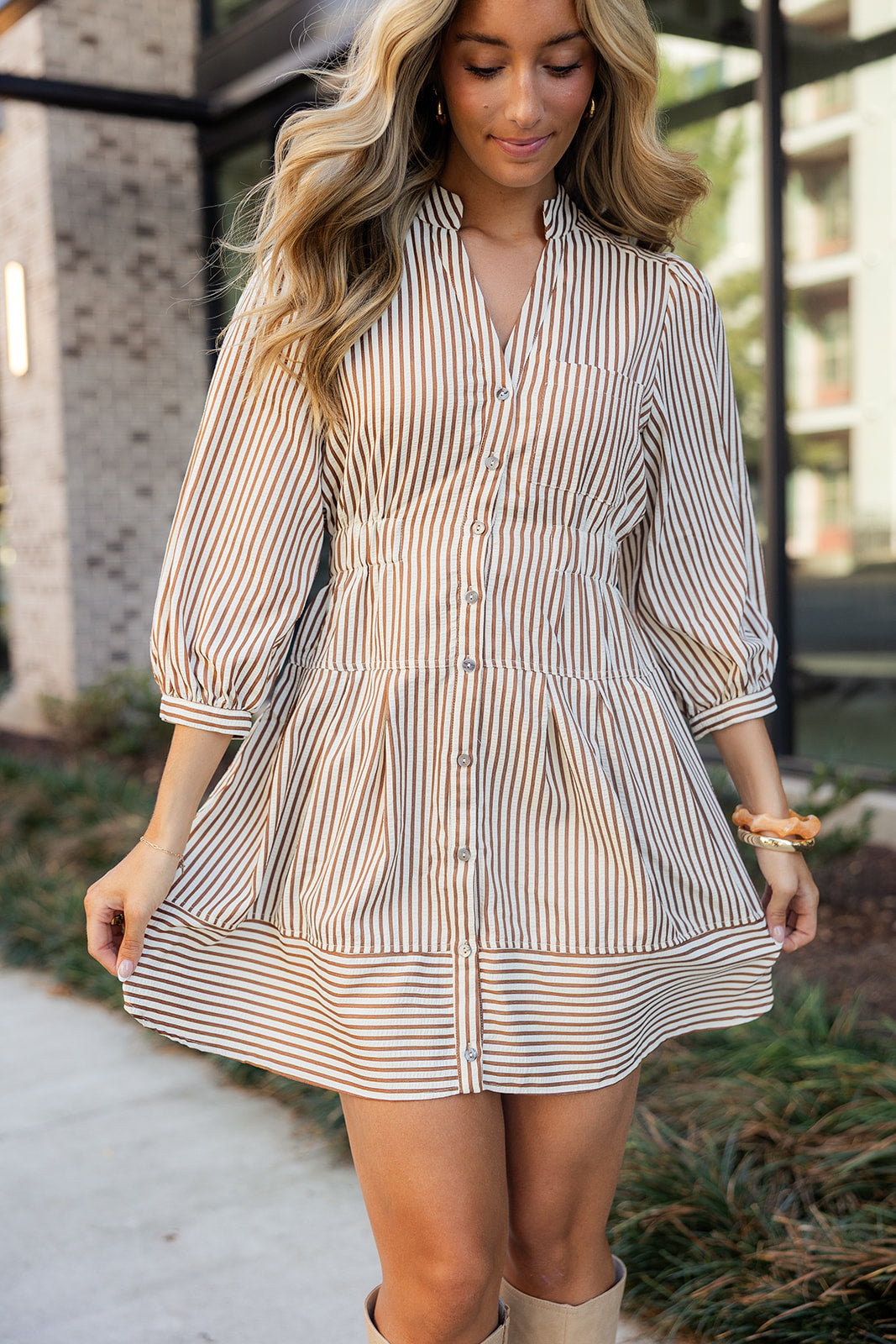 Leia Brown & Cream Stripe Mini Dress- top view