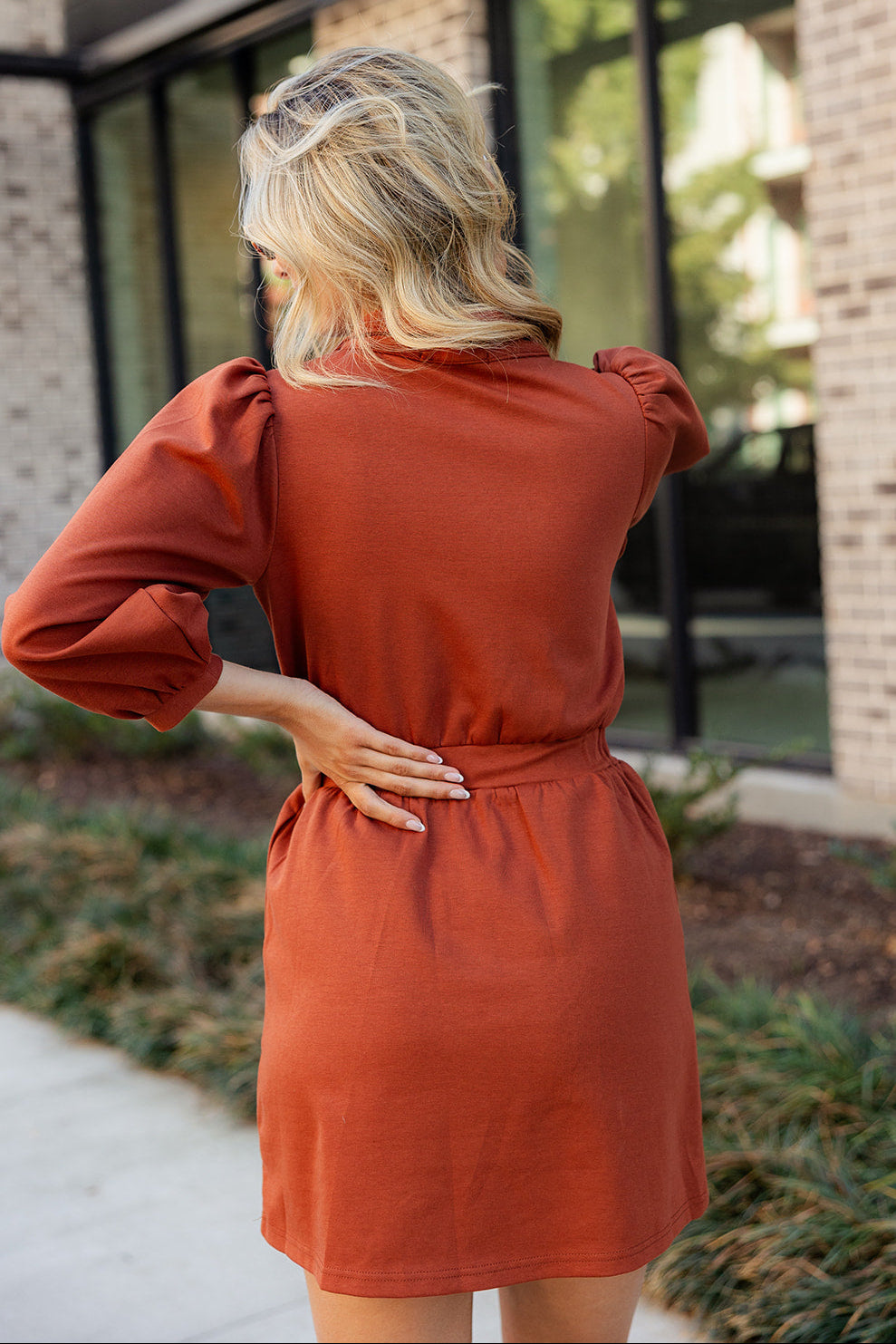 Natalie Rust Gold Zip-Up Mini Dress- full back view