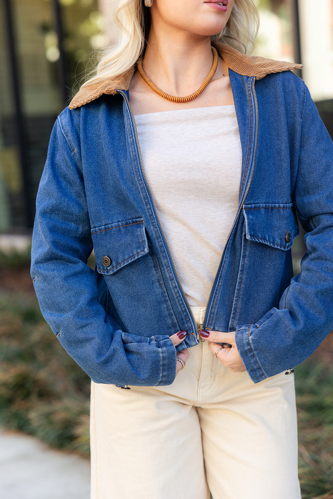 Reagan Denim & Brown Corduroy Collar Jacket- close up front view