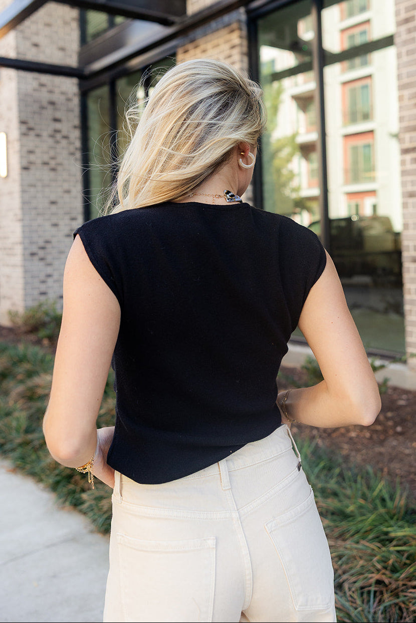 Malia Black Knit Sleeveless Sweater- top back view