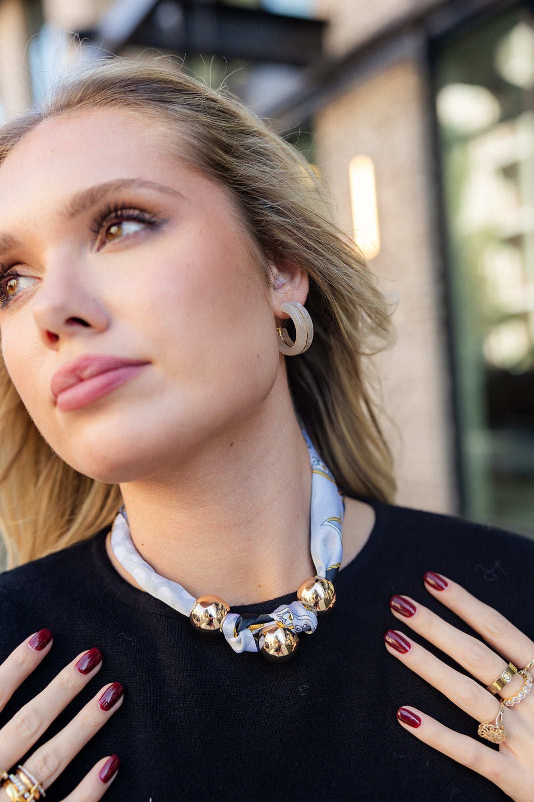 Daniela Black Multi & Gold Scarf Necklace- close up front view