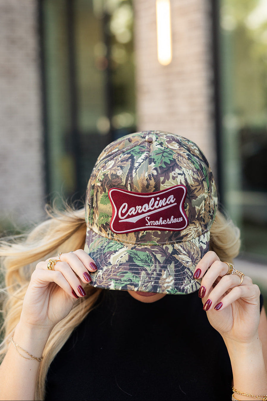 Carolina Smokeshow Camo Trucker Hat - close up front view
