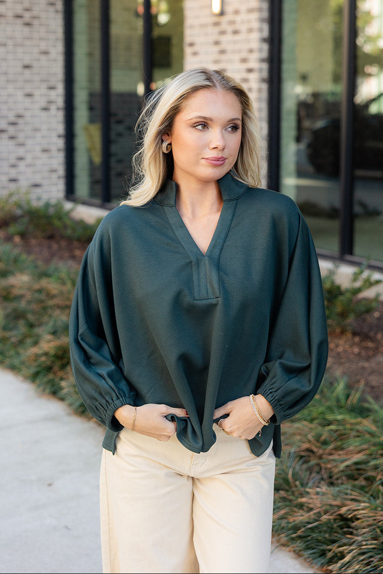 Willow Hunter Green Long Sleeve Top- front top view