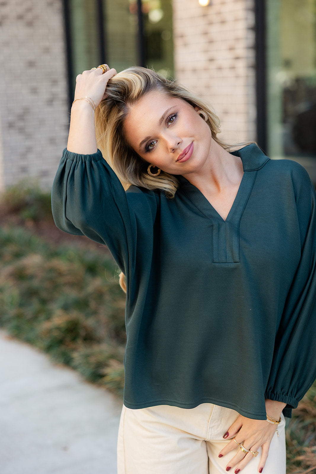 Willow Hunter Green Long Sleeve Top- close up front view