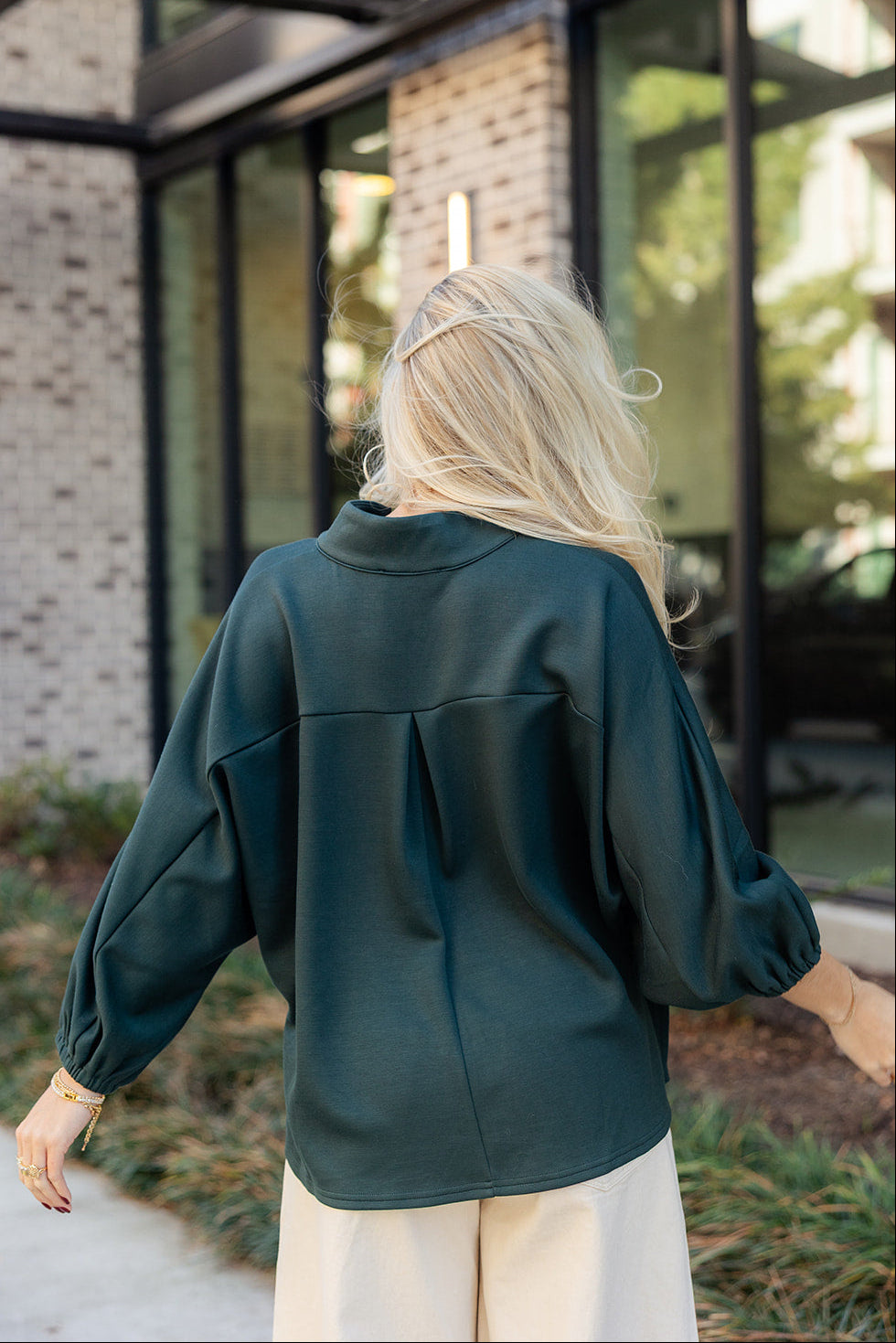 Willow Hunter Green Long Sleeve Top- close up back view