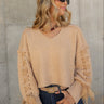 Brynna Taupe Lace Tie & Knit Sweater- close up front view