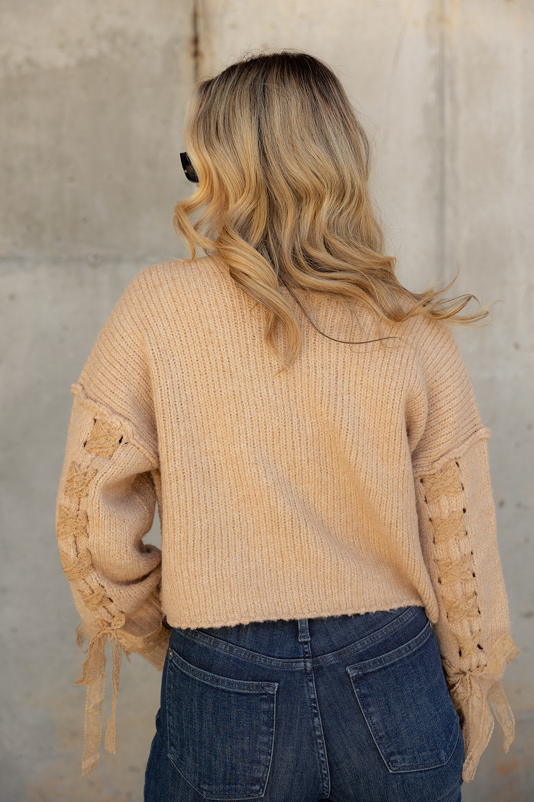 Brynna Taupe Lace Tie & Knit Sweater- close up back view