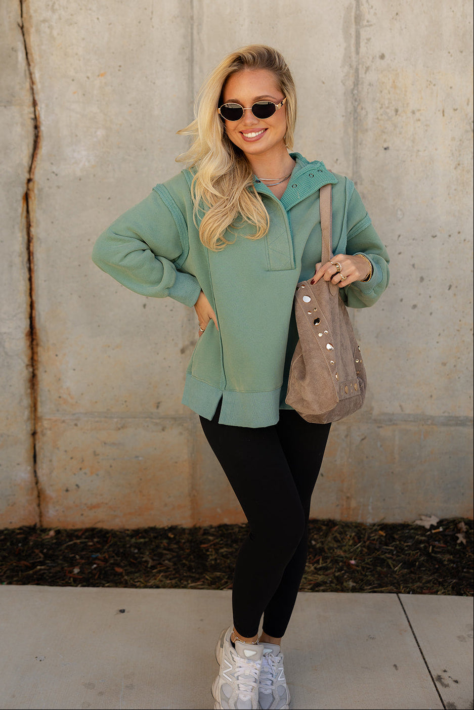 Mia Washed Green Quarter Button-Up Pullover- full body view