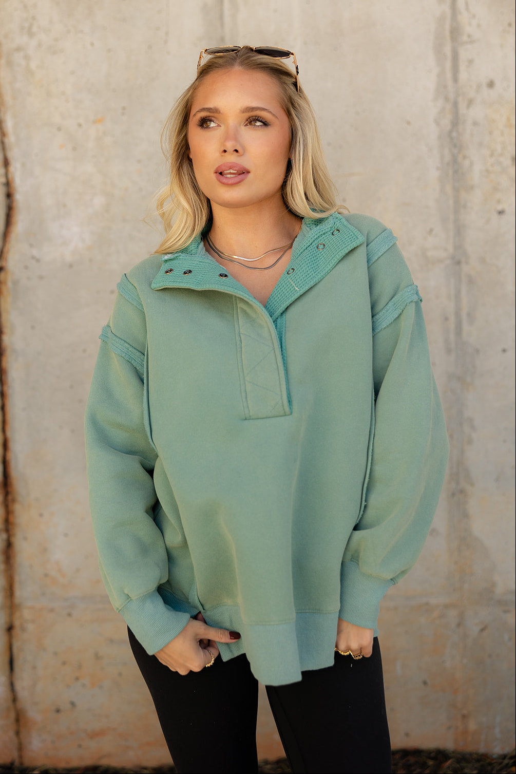 Mia Washed Green Quarter Button-Up Pullover- front view
