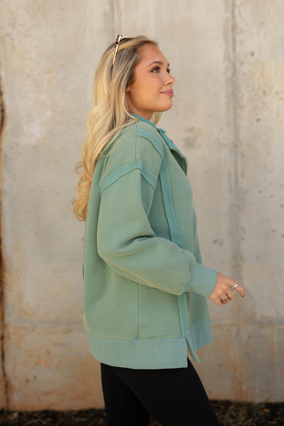 Mia Washed Green Quarter Button-Up Pullover- side view