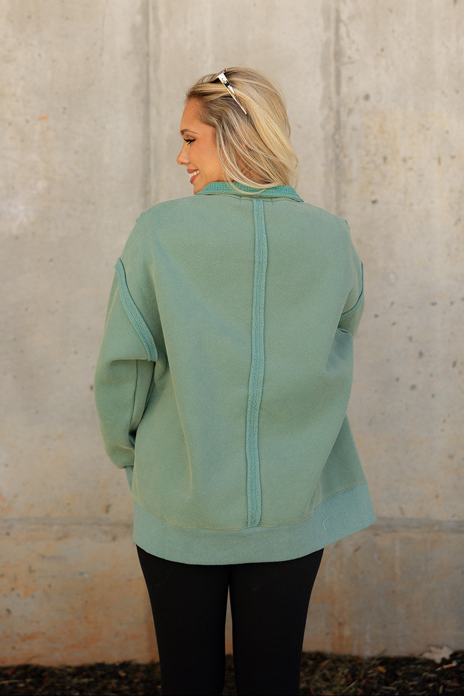 Mia Washed Green Quarter Button-Up Pullover- back view