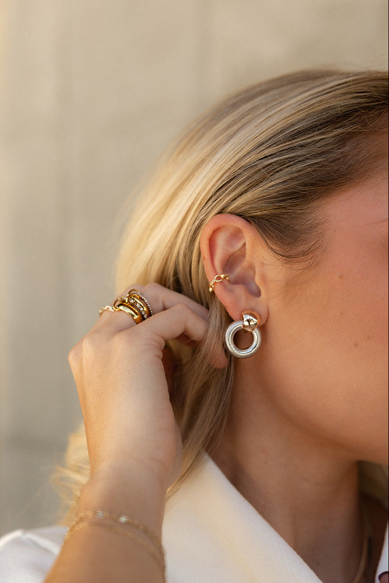 Violet Silver & Gold Open Circle Earrings- close up side view