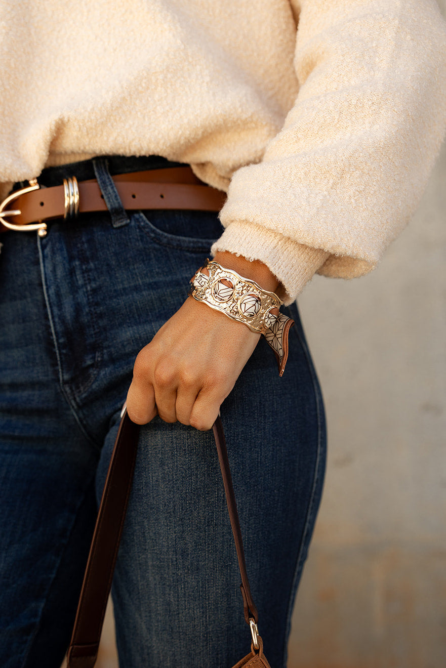 Lilliana Cream & Brown Scarf Tie Gold Cuff- front view