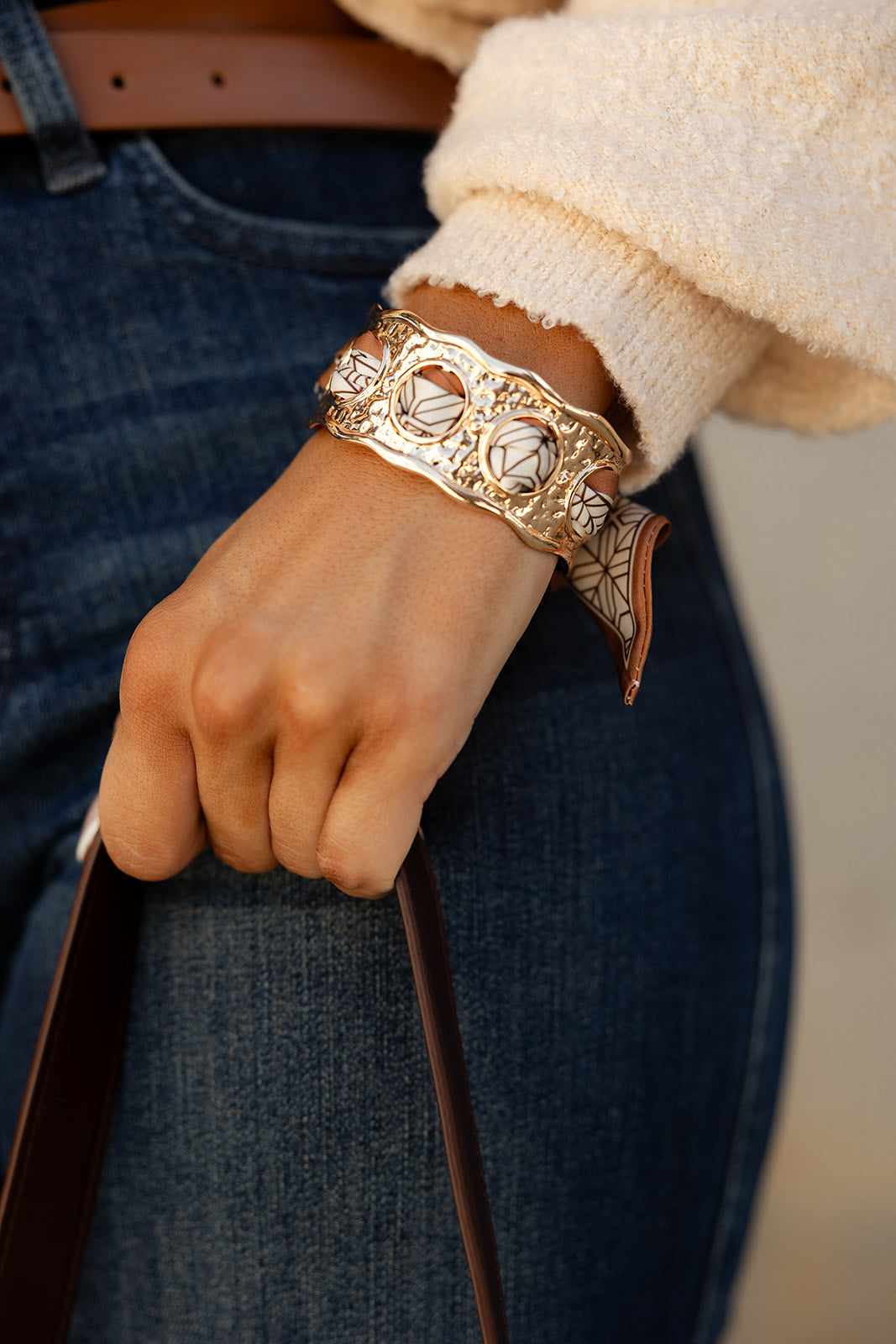 Lilliana Cream & Brown Scarf Tie Gold Cuff- close up front view