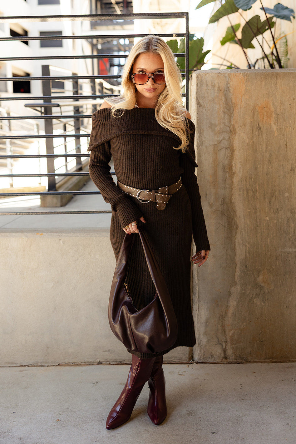 Lillian Brown Knit Off-The-Shoulder Dress- full body view