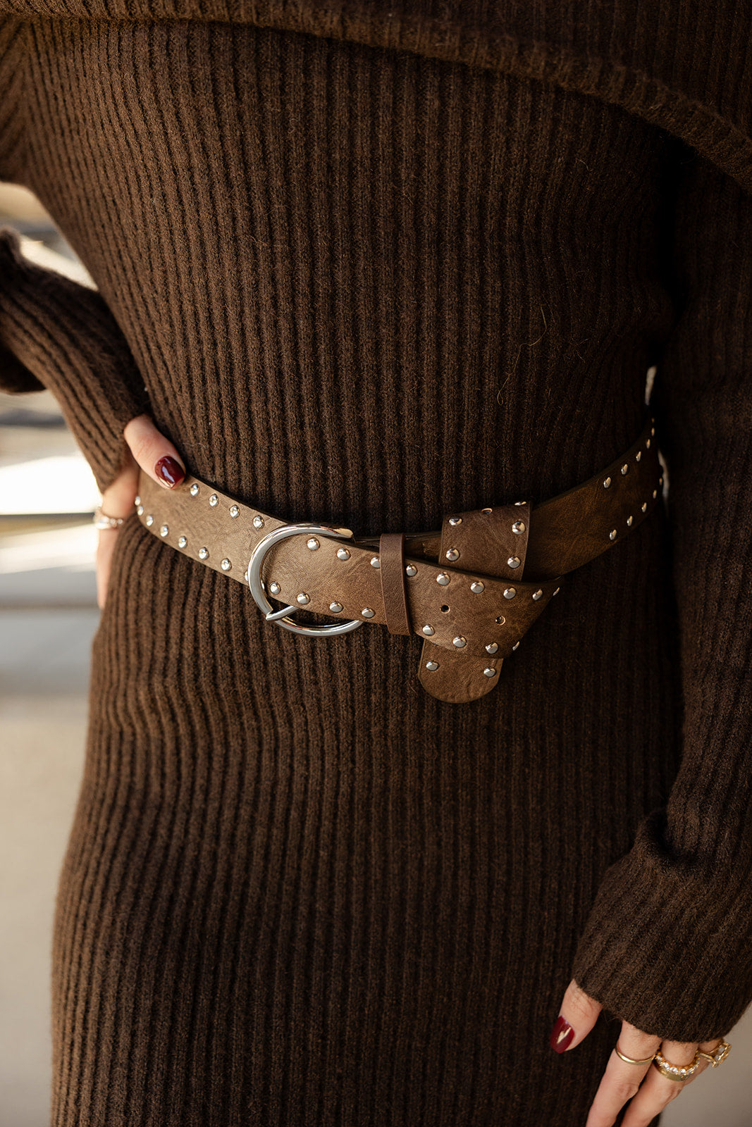 Julia Dark Brown & Silver Studs Belt- close up top view