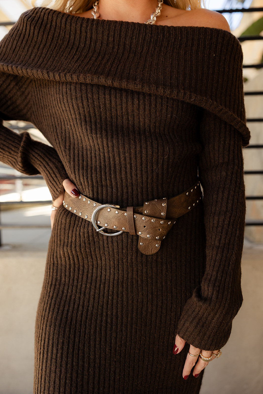 Julia Dark Brown & Silver Studs Belt- front view
