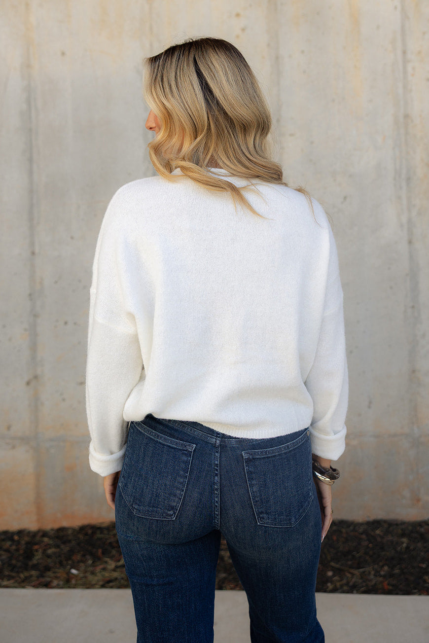 Rowyn White Button-Up Knit Cardigan- close up back view