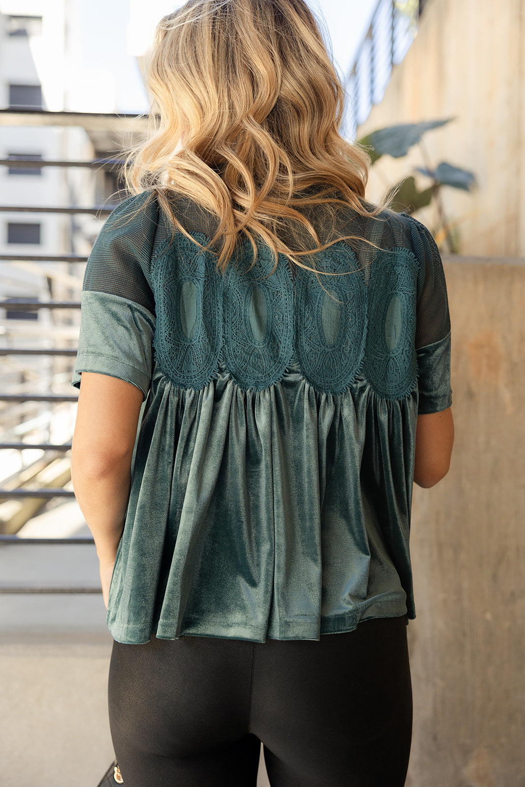Dahlia Teal Green Mesh & Velvet Top- back view