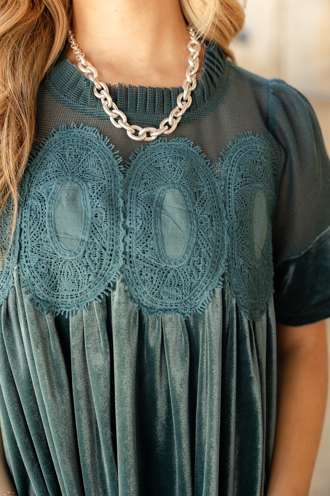 Dahlia Teal Green Mesh & Velvet Top- close up top view