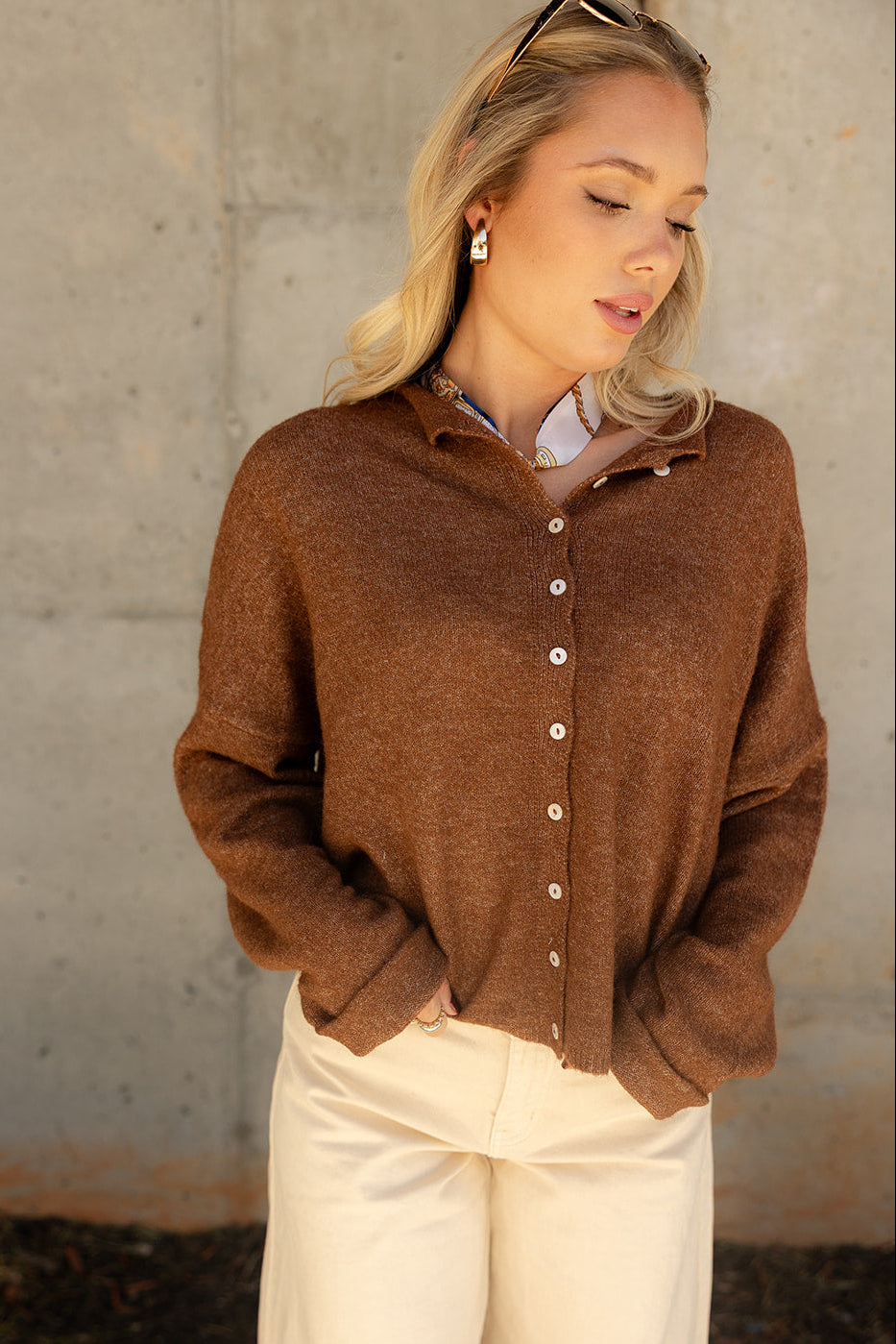 Rowyn Brown Button-Up Knit Cardigan - front top view