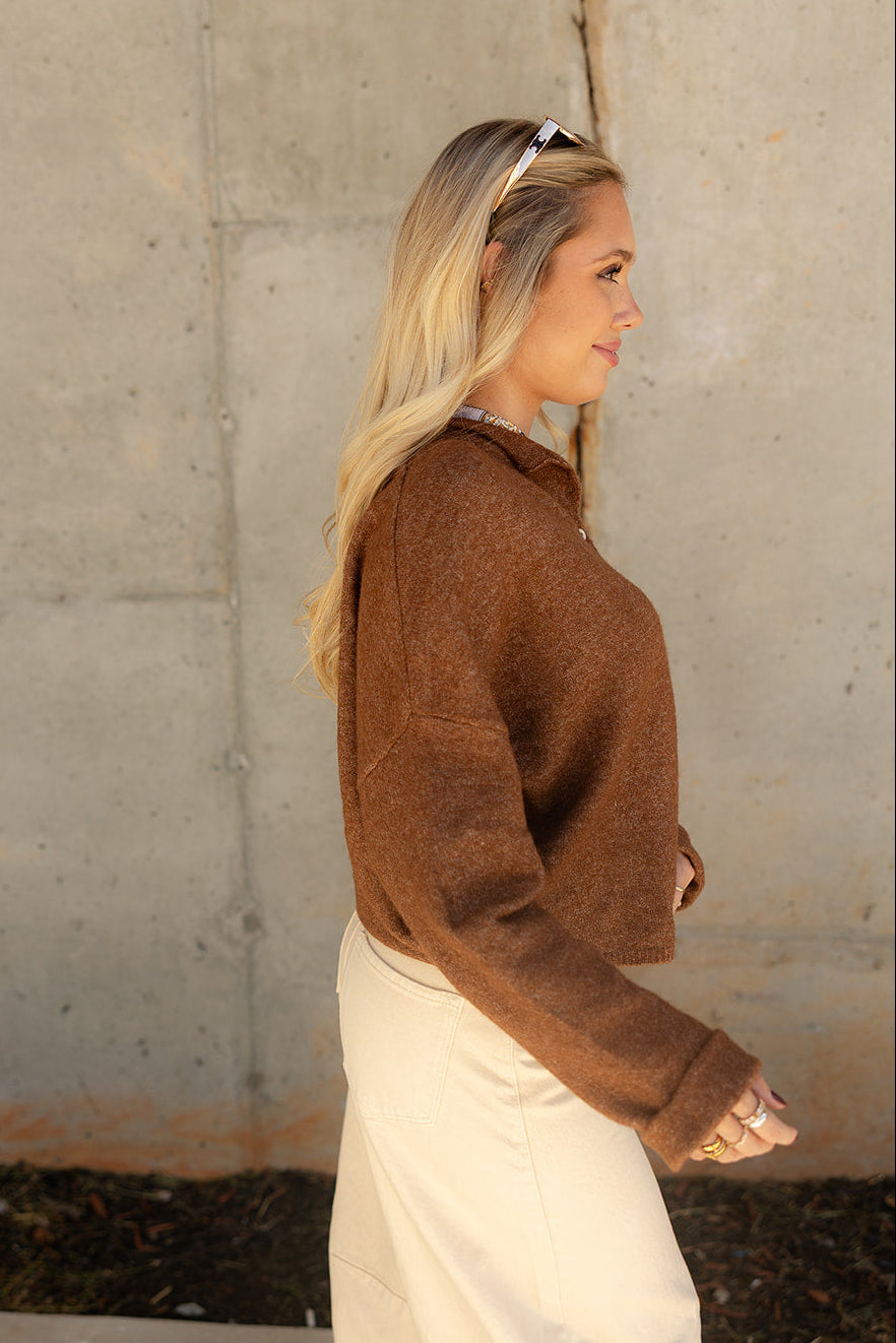Rowyn Brown Button-Up Knit Cardigan - side view