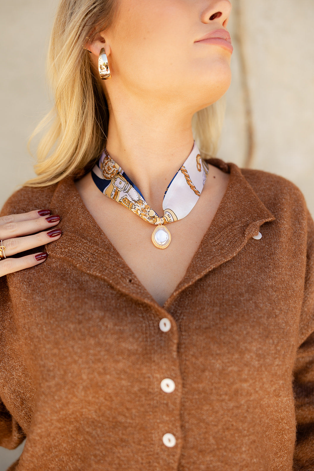 Alora Blue Multi Scarf & Pearl Necklace- top view