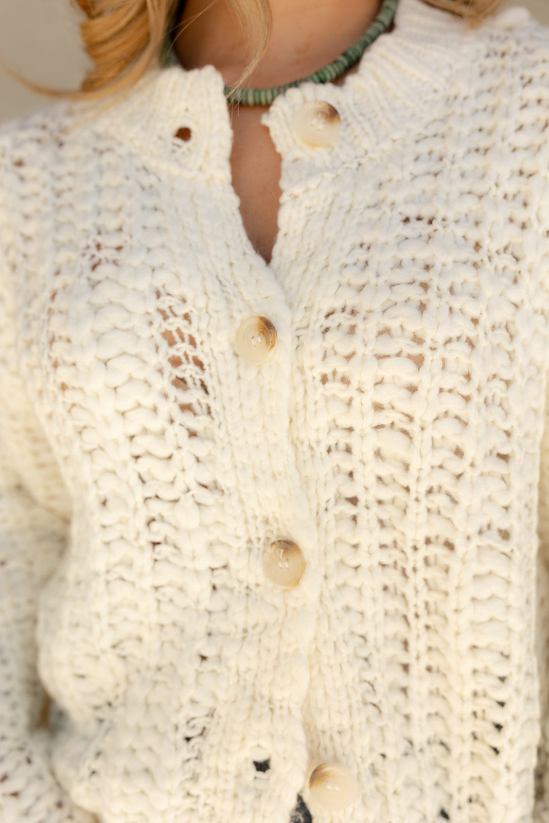 Aria Cream Cable Knit Cardigan- close up front view