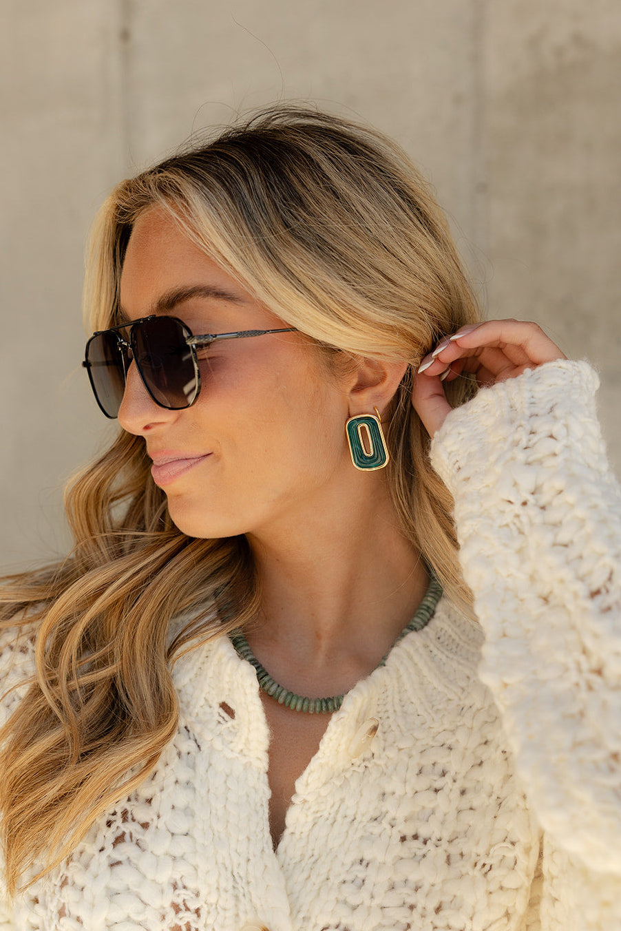 Scarlett Green Marble & Gold Rectangle Earring- close up side view